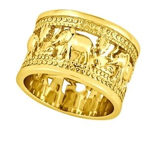 Gold Plated Elephant Ring (Size 6) Wide Open Work Style Intricate Animals